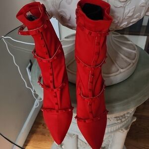 Chic Red Heeled Boots with Studded Detail